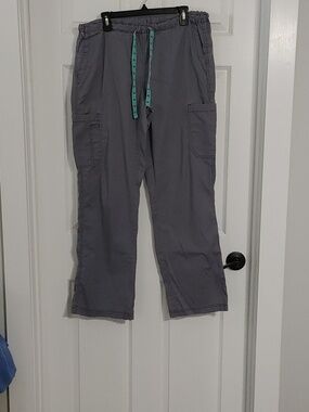 Women's Gray Scrub Pants Cargo Style with Teal Drawstring Measures Sz 18 Tall